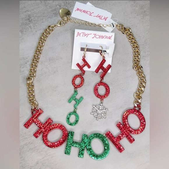 BETSEY JOHNSON SET Christmas Holiday Shiny HO HO HO Necklace & Earrings NEW NWT - Picture 7 of 11